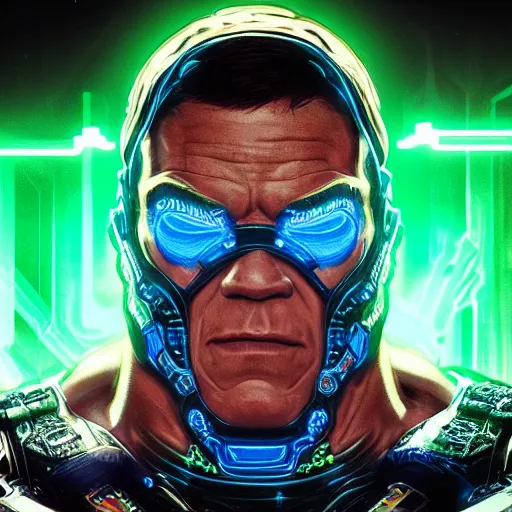 Image similar to John Cena as a superhero, full face, insipiring, detailed intricate ornate , luxurious detail, sci-fi, neon, emeralds, detailed technology full background, highly detailed, artstation, Rene Lalique and Eddie Mendoza