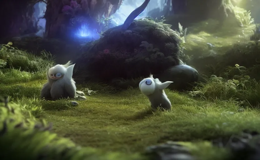 Image similar to ori and the will of the wisps, close up bokeh hiperrealistic, high detailled, darkness dramatic, sharp focus, octane render, imax