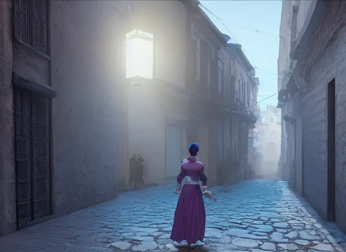 Image similar to a woman in a fed skirt walking the narrow streets of athens, painted by, mc escher, gordon onslow ford, georgia o'keeffe and ivan aivazovsky, cinematic light, god rays, colourful, unreal engine, zbrush central,