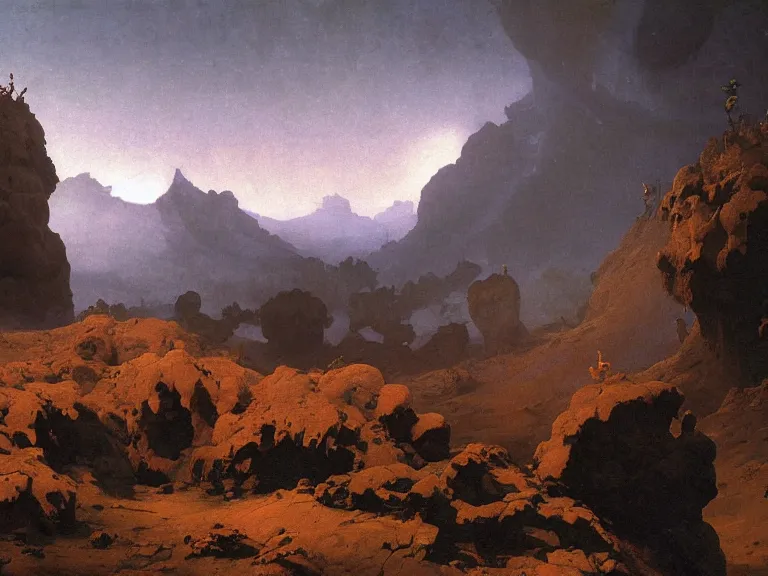 Image similar to an oil painting of a volcanic spring on an alien planet with crators and rocks. on a beautiful morning by beksinski carl spitzweg and tuomas korpi. baroque elements, full-length view. baroque element. intricate artwork by caravaggio. Trending on artstation. 8k