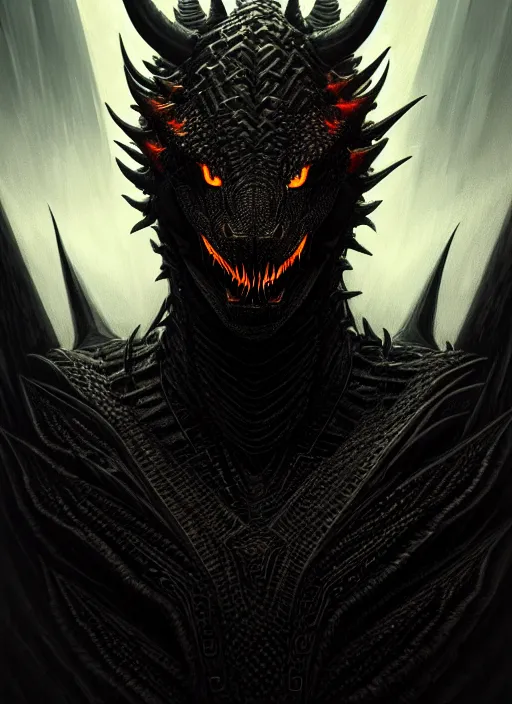 Image similar to symmetry!! portrait of a black dragon, dark scales, horns, horror, night time lighting, intricate, scary, fire background, highly detailed, digital painting, artstation, concept art, smooth, sharp focus, illustration, art by greg rutkowski