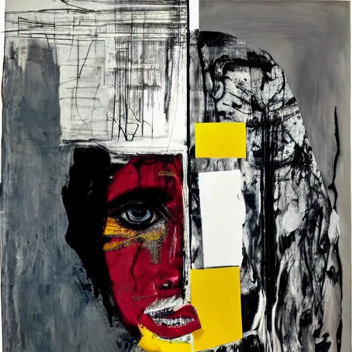 Prompt: The performance art is an abstract portrait of a woman. The woman's face is divided into two halves, one half is black and the other is white. The woman's eyes are large and staring. The performance art is full of energy and movement. electric, Still Life by Robert Rauschenberg mild
