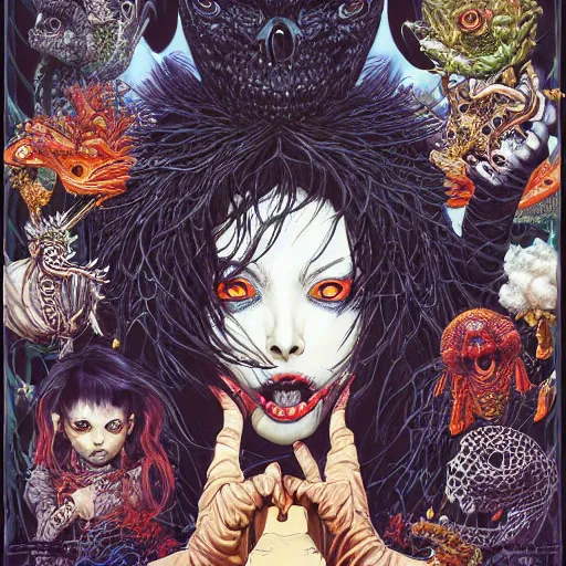 Prompt: portrait of crazy dark girl with reptiles, symmetrical, by yoichi hatakenaka, masamune shirow, josan gonzales and dan mumford, ayami kojima, takato yamamoto, barclay shaw, karol bak, yukito kishiro