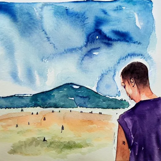 Image similar to sad man, watercolor, epic scenery, sad, depression