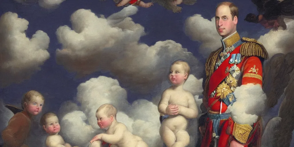 Image similar to painting of prince william, duke of cambridge with heavenly angels surrounding him with heavenly clouds in the background