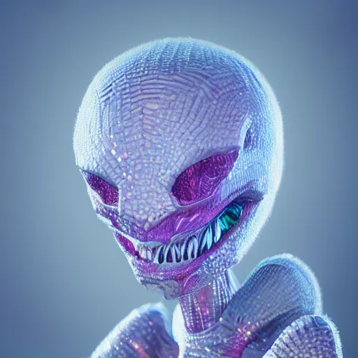 Image similar to skin concept alien, in full growth, mineral crystals instead of skin, magical crystals, smoky crystals, translucent crystals, luminous sparkling crystals, many details, 3 d, cinematic, hyper realism, high detail, octane render