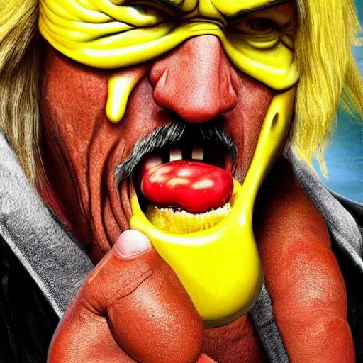 Image similar to hulk hogan eating a hot dog and ketchup and mustard are dribbling down his chin, hyper realistic, 8k