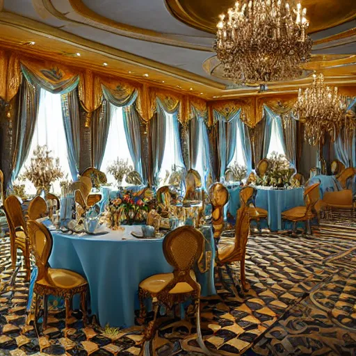 Image similar to a beautiful and elegant room designed with a combination of baroque and nanotechnology styles, large blue gem centerpiece, high tech features, complimentary colors