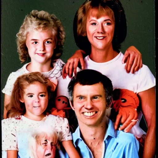 Image similar to creepy family photo, googly eyes, teeth, photo from the 80s