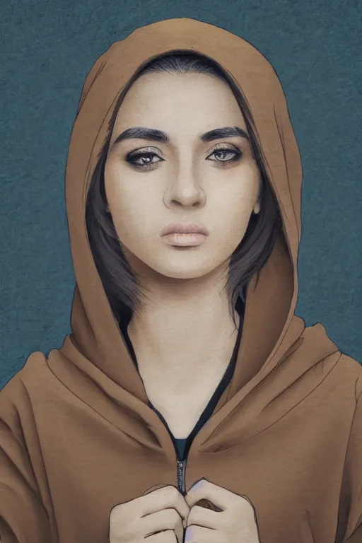 Image similar to short brown hair arab spanish shy young woman in beige hoodie, Diwani calligrapher using bamboo pen, cinematic lighting, hyper-detailed realistic, rule of thirds