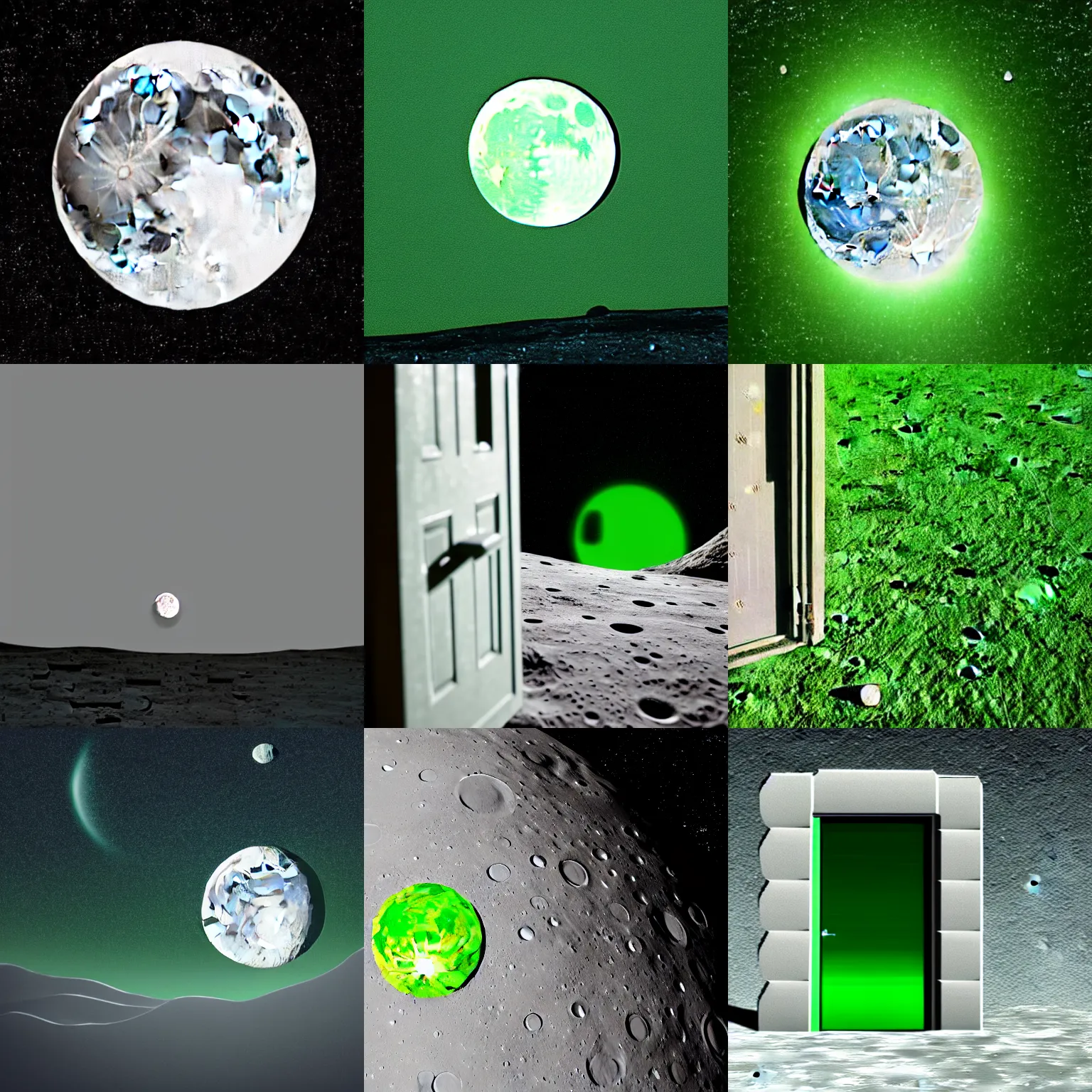 Prompt: a door on the moon behind which is a green field