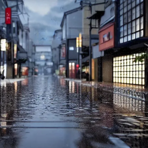 Image similar to still photo of rain puddles and reflections in a japanese street, cloudy weather, highly detailed, photorealistic shot, bright studio setting, studio lighting, crisp quality and light reflections, unreal engine 5 quality render