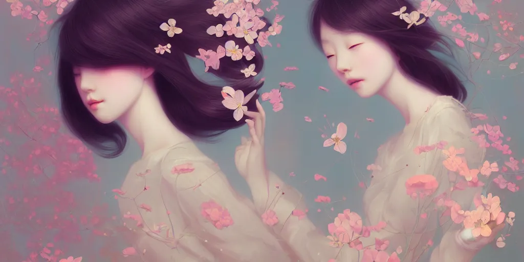 Prompt: breathtaking delicate detailed concept art with flowers and girls, by hsiao - ron cheng, bizarre compositions, exquisite detail, pastel colors, ornate background, 8 k