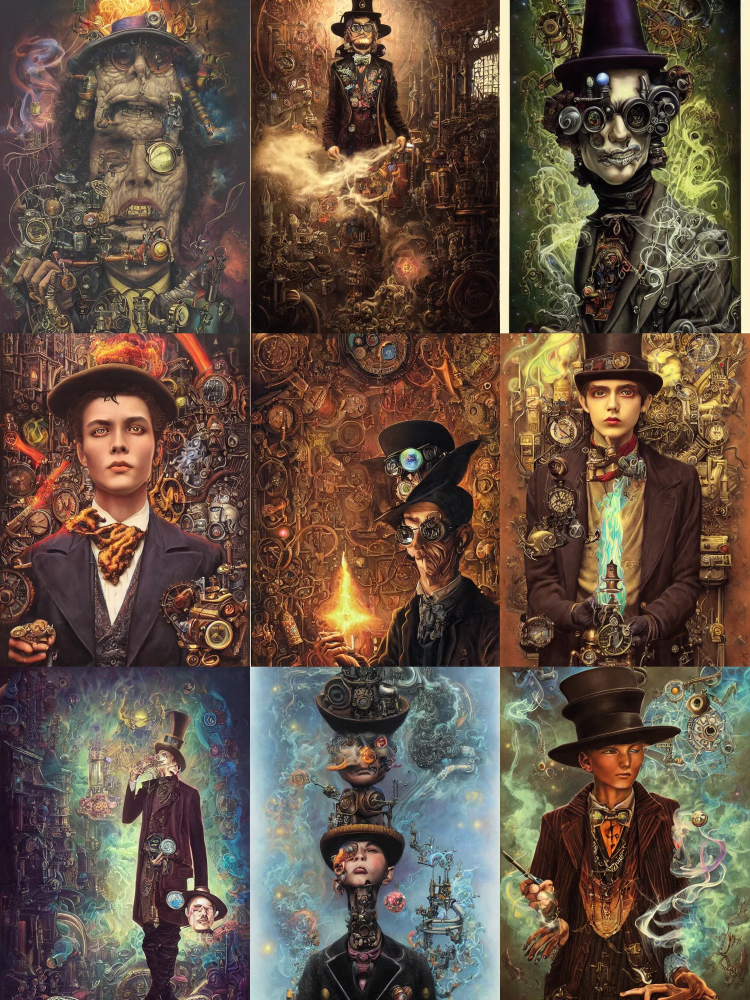 Prompt: a young man, evil wizard, intricate colorful cosmic smoke magic, victorian steampunk city vista, hyperrealism, extremely detailed, style of mark ryden, earl nore, hyung tae, frank frazetta