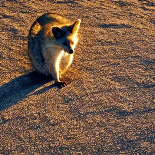 Prompt: a low angle photo of a possum fox hybrid, at the golden hour, sunset, sunrise, warm lighting, strongshadows, photo by slim aarons, award winning, 4 k, from below, worms - eye - view, low angle