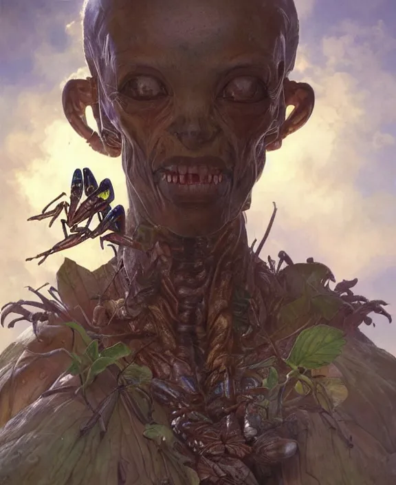 Image similar to portrait of an alien insect creature, adorable, childlike, overgrown environment, ultra realistic, concept art, psychedelic, photorealistic, octane render, 8 k, unreal engine. art by christopher marley and artgerm and greg rutkowski and alphonse mucha