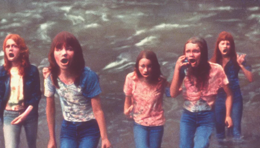 Prompt: 7 0 s film still from a horror movie about teenagers yelling next river, kodachrome, cinecolor, cinestill, film grain, film texture, retro, cinematic, high resolution, photorealism,
