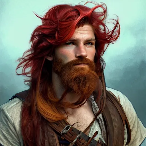 Image similar to portrait of a young ruggedly handsome but joyful pirate, male, masculine, upper body, red hair, long hair, d & d, fantasy, roguish smirk, intricate, elegant, highly detailed, digital painting, artstation, concept art, matte, sharp focus, illustration, art by artgerm and greg rutkowski and alphonse mucha