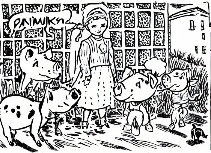 Image similar to antifa girl and a piglet and a duchess and a baby dalmatian hanging out in a garden. vintage comic style drawing