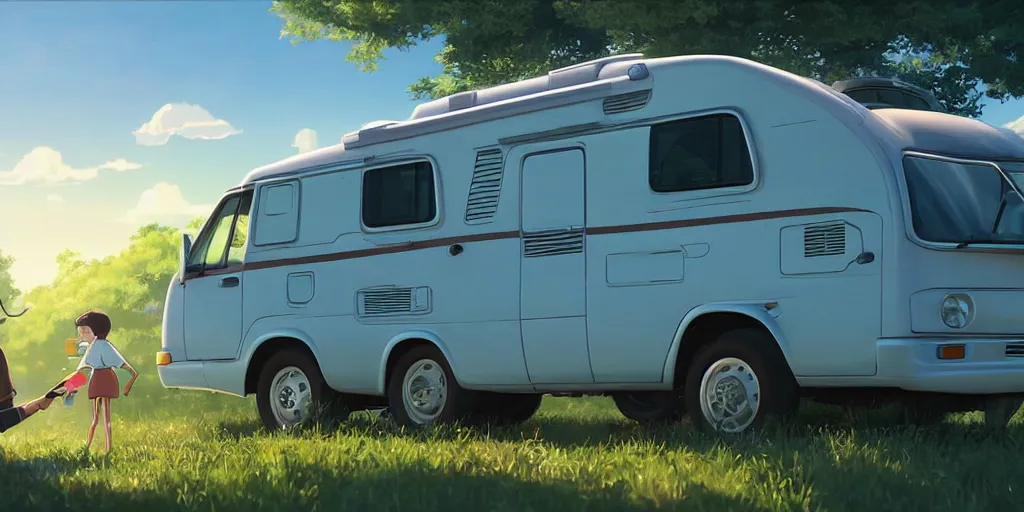 Prompt: a wholesome animation key shot of one!! focused!! 1 9 9 4 fiat hymer!! motorhome in the! romanian! countryside, medium shot, studio ghibli, ( pixar ) and disney animation, sharp, very detailed, high resolution, rendered in unreal engine 5, anime key art by greg rutkowski, bloom, dramatic lighting