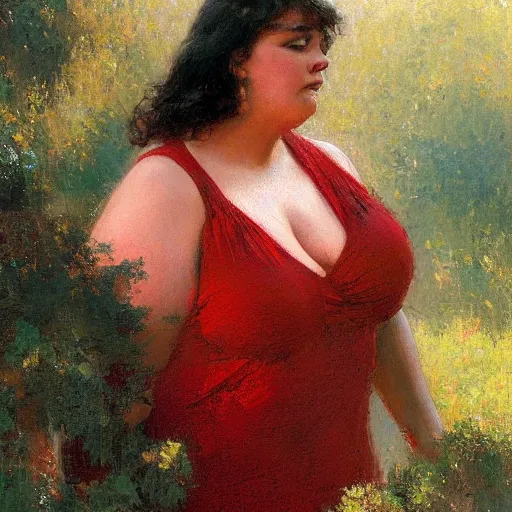 Prompt: a woman in a red top with an obese body type, painting by Gaston Bussiere, Craig Mullins