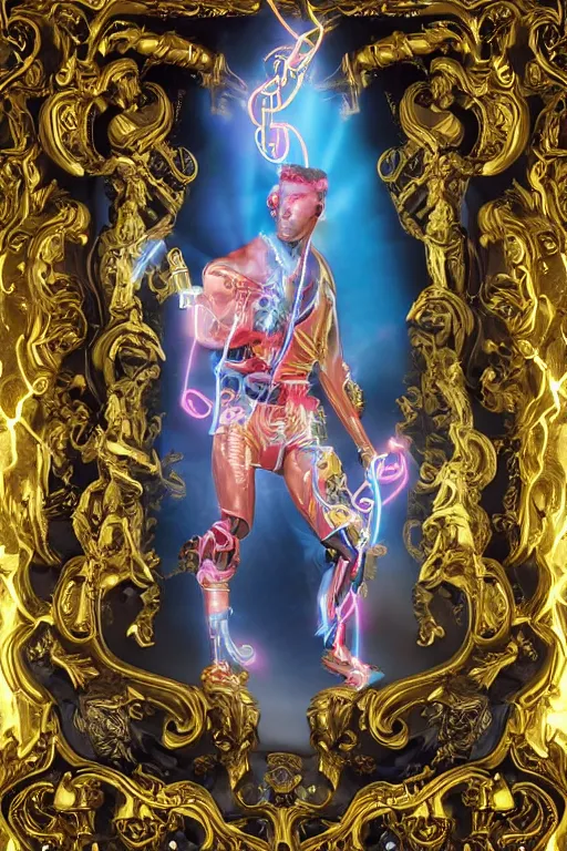 Image similar to full-body neon porcelain bladerunner and rococo style sculpture of a muscular handsome Cuban prince wearing cholo shades as a half android with a porcelain chest opening exposing circuitry and electric sparks, glowing laser beam eyes, crown of giant diamonds, flowing neon-colored silk, fabric, raptors. baroque elements. full-length view. baroque element. intricate artwork by caravaggio. many many birds birds on background. Trending on artstation, octane render, cinematic lighting from the right, hyper realism, octane render, 8k, depth of field, 3D