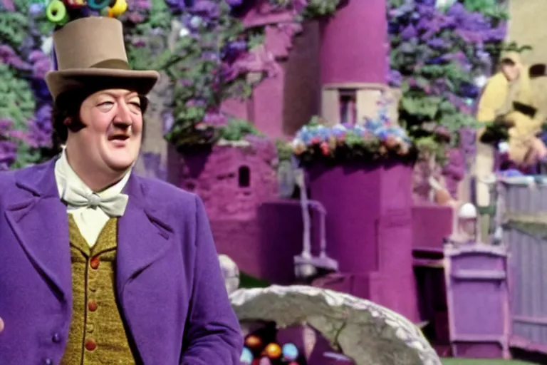 Image similar to Film still of Stephen Fry as Willy Wonka in Willy Wonka and the Chocolate Factory 1971