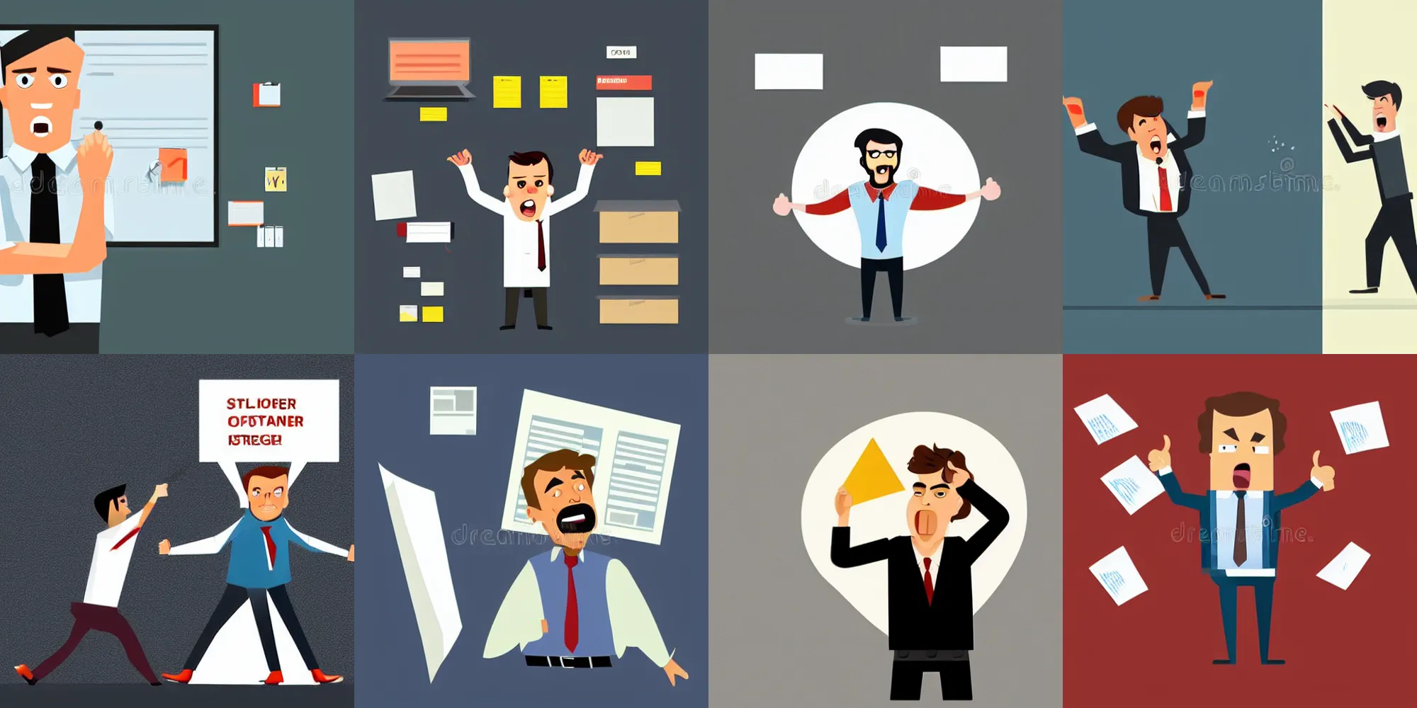Prompt: Angry disgruntled office worker in stress, anger. Furious annoyed employee throwing paper documents. Man in bad mood screaming, gesturing. Flat vector illustration on white background