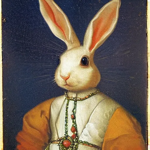 Image similar to a rabbit dressed as a queen, 17th century oil painting