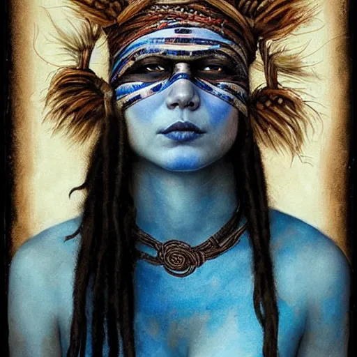 Image similar to A young blindfolded shaman woman with a decorated headband, in the style of heilung, blue hair dreadlocks and wood on her head., made by karol bak