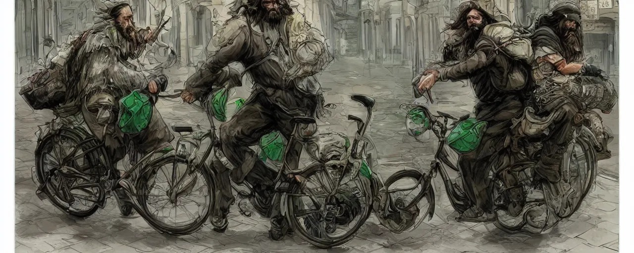 Prompt: a bearded and long haired bicycle food delivery worker with a green bag on his back in rossio lisbon, he has boots, epic fantasy style art by kim jung gi, fantasy epic digital art