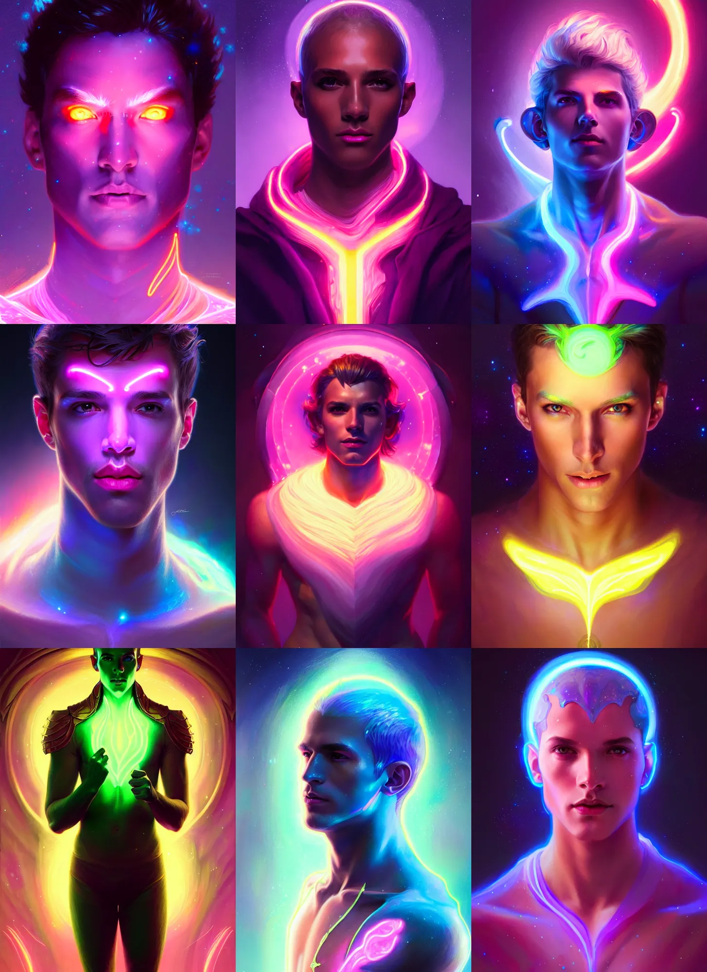 Image similar to a male faceless glowing liquefied stardust adventurer, dnd fantasy character, full body portrait, glowing neon skin, magical aura, ultra realistic, intricate, elegant, highly detailed, digital painting, artstation, smooth, sharp, focus, illustration, art by artgerm and greg rutkowski and alphonse mucha