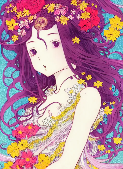 Prompt: exquisite imaginative manga poster of a girl, long wavy hair, flowers, rococo dress, pigeons, shimmering, by kojima ayami, shigenori soejima, minaba hideo, alphonse mucha, jump comics, shogakukan, art nouveau, illustration, artstation, highly detailed, 8 k, fluorescent, maximalist