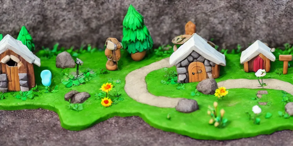 Image similar to Animal Crossing Village Diorama, polymer clay, moss, plants, cottagecore