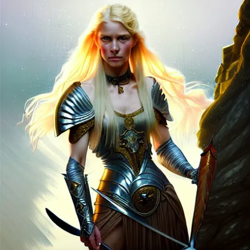 Image similar to A epic fantasy portrait of a blond woman, holding a sword, standing on a cliff, castle setting, horror movie lightning, intricate, elegant, highly detailed, digital painting, artstation, concept art, matte, sharp focus, illustration, art by Artgerm and Greg Rutkowski and Alphonse Mucha