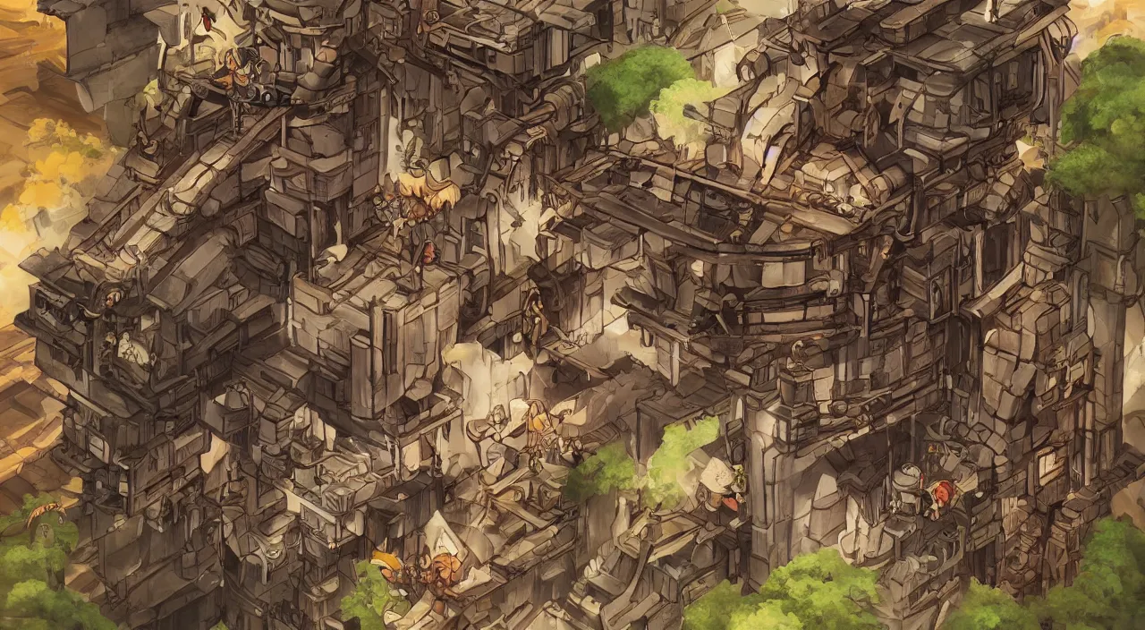 Image similar to open door wood wall fortress airship greeble block amazon jungle vanillaware fanart arstation by sung choi and eric pfeiffer and gabriel garza and casper konefal