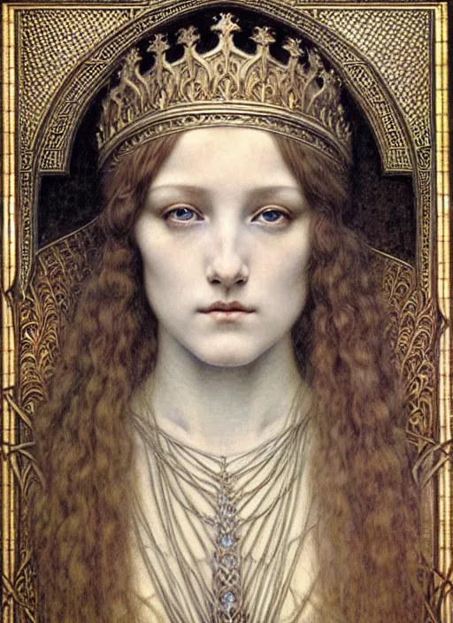 Image similar to detailed realistic beautiful young medieval queen face portrait by jean delville, gustave dore and marco mazzoni, art nouveau, symbolist, visionary, gothic, pre - raphaelite. horizontal symmetry