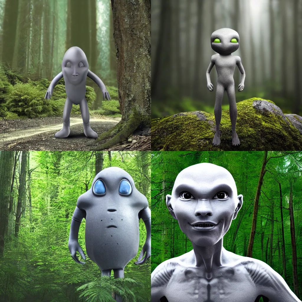 Prompt: Gray alien in a temperate forest, photo realistic