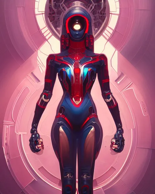 Image similar to portrait of spiderwoman as a robot, cyberpunk machine, machine face, robed, upper half portrait, decorated, intricate intense elegant highly detailed digital painting artstation concept art smooth sharp focus illustration, art by artgerm and greg rutkowski alphonse mucha 8 k