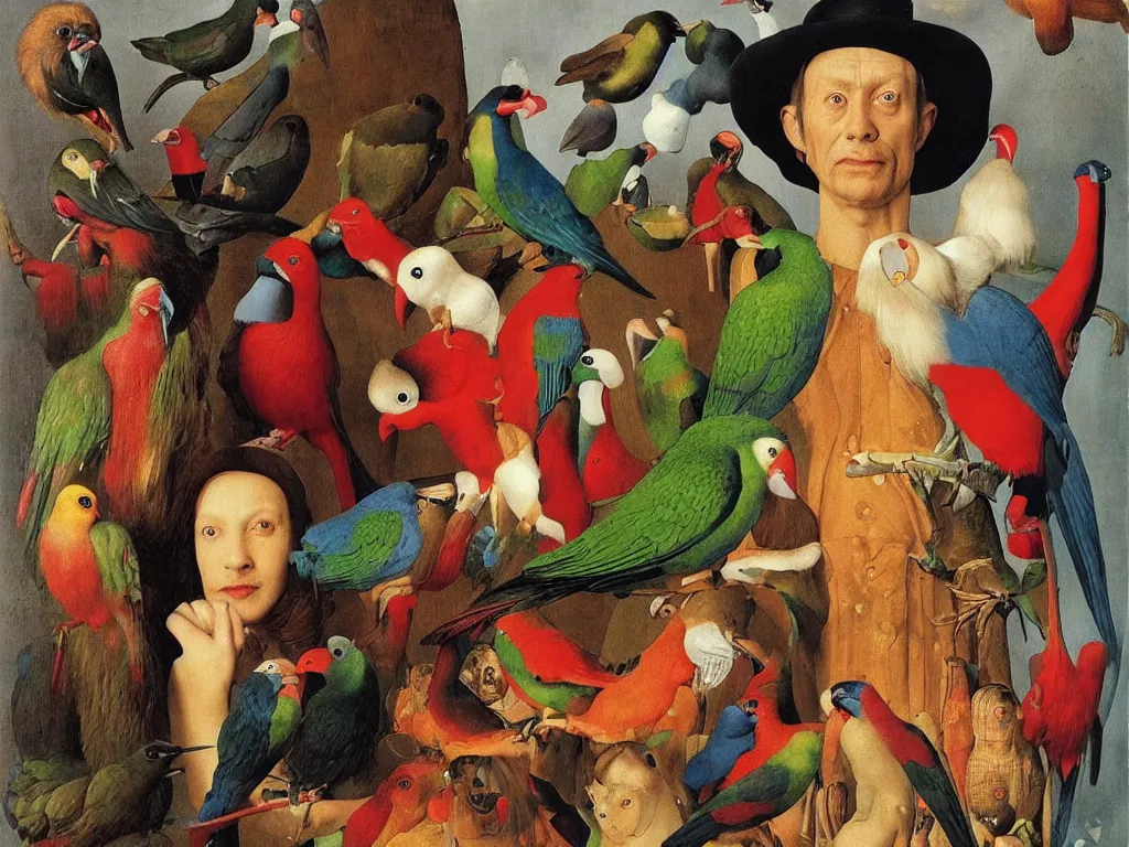 Image similar to Portrait of Meth addict with beautiful, exotic birds. Painting by Jan van Eyck, Audubon, Maria Sybilla Merian, August Sander, Rene Magritte, Agnes Pelton, Max Ernst, Walton Ford