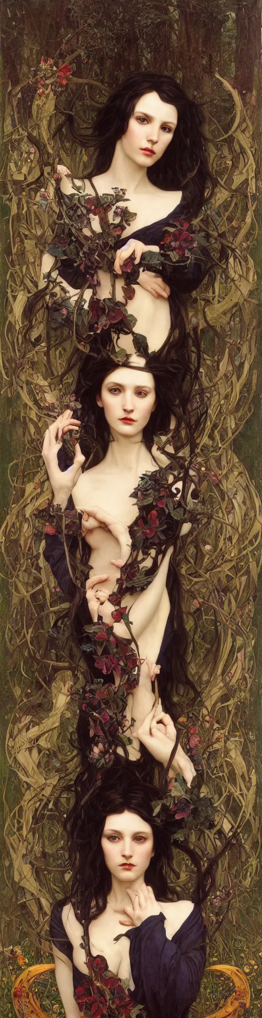 Prompt: masterpiece painting of ephemeral vampire raven haired girl by donato giancola, darius zawadzki and tom bagshaw, face by artgerm and edmund leighton, alphonse mucha, background by james jean and gustav klimt, 8 k, horror, dark color palette, volumetric lighting, porcelain skin, french nouveau, trending on pixiv