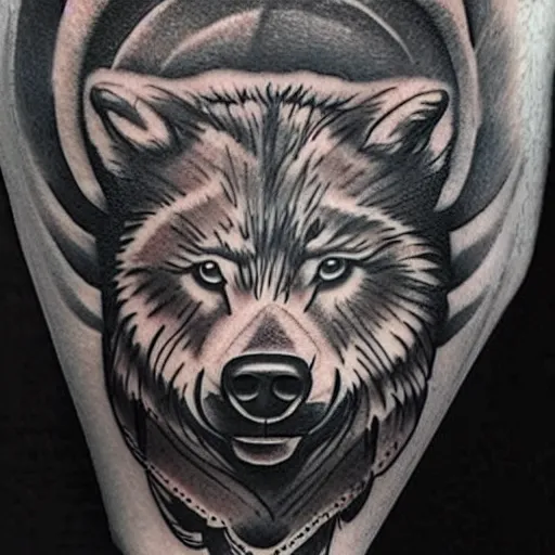 Prompt: concept tattoo design, stencil, bear, wreath surrounding wolf