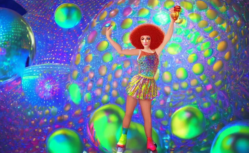 Prompt: Ultradetailed, hyperrealistic, a vintage roller skating diva wearing a disco ball skirt mirror tanktop with a disco ball afro in a psychedelic cosmic roller rink in the clouds, by Vladimir kush, by josib csoor, by Laurie Lipton, rendered in octane, volumetric lighting, retro color scheme, trending on artstation -20