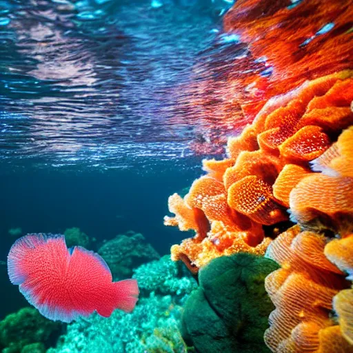 Prompt: beautiful corals and fish under the surface of the water, underwater photography with light scattering and water refractions, smooth