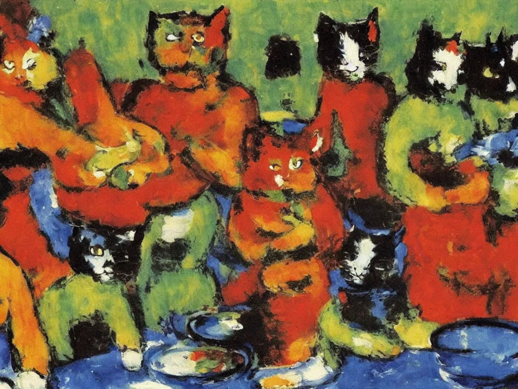 Image similar to Seven cats breaking the tableware. Painting by Emil Nolde