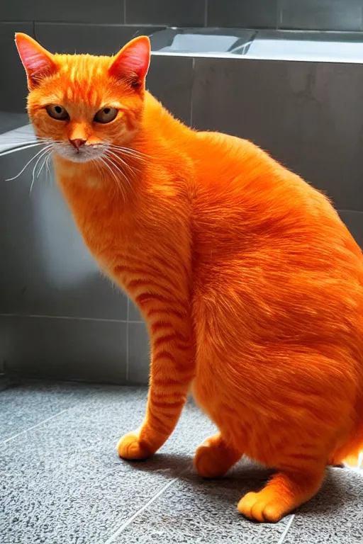 Image similar to An orange cat standing on its hind legs to pee in a urinal