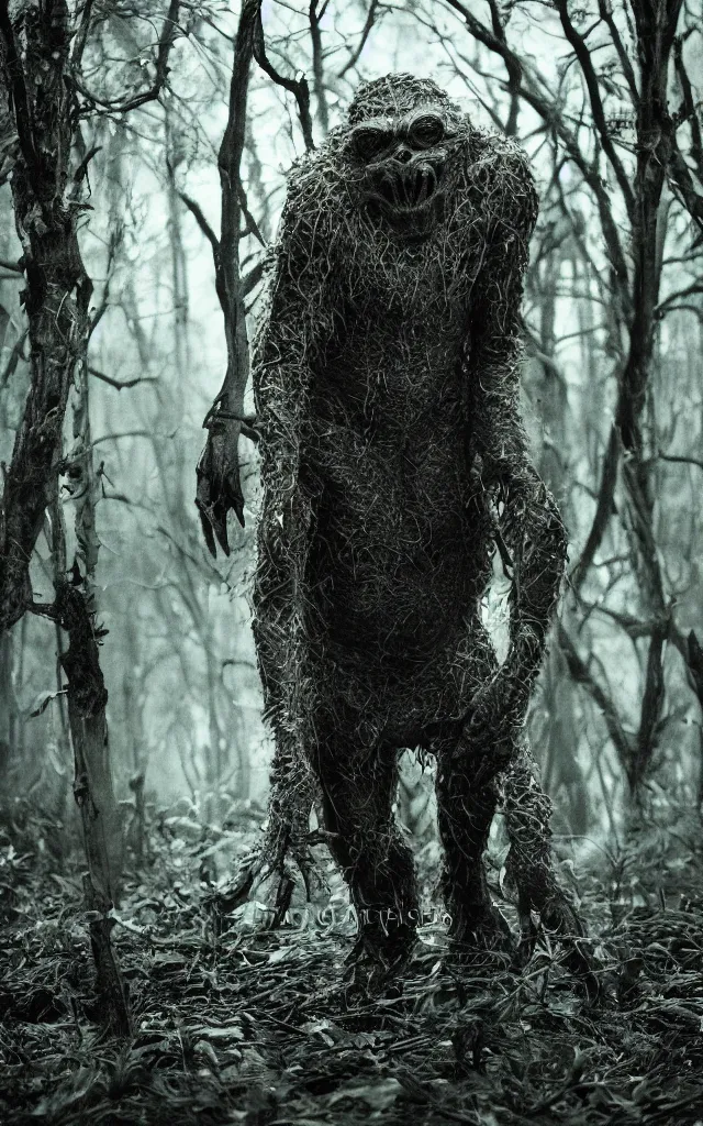 Prompt: a swamp monster in a wooded bog, cinematic, wildlife photography, moody lighting