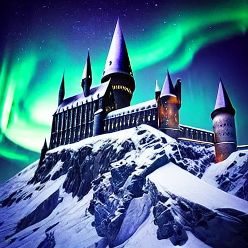 Image similar to “Hogwarts School of Witchcraft and Wizardry with the norther lights in the background. 4k, 8k, unreal 5, very detailed, hyper control-realism,.”