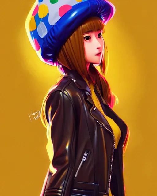 Prompt: pineapple girl wearing a candy hat and leather jacket, fine detail!! anime!! realistic shaded lighting!!, kim hyun joo, pixelated breath, digital painting by ilya kuvshinov, magali villeneuve, artgerm, jeremy lipkin and michael garmash and rob rey