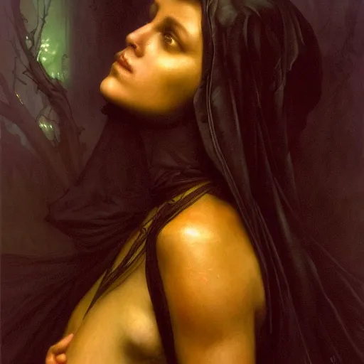 Image similar to awe-inspiring award-winning concept art painting of attractive figure in black shrouds called the ghost of the moonbow queen, rainbow, by Michael Whelan, William Adolphe Bouguereau, John Williams Waterhouse, and Donato Giancola, cyberpunk, extremely moody lighting, glowing light and shadow, atmospheric, shadowy, cinematic, 8K